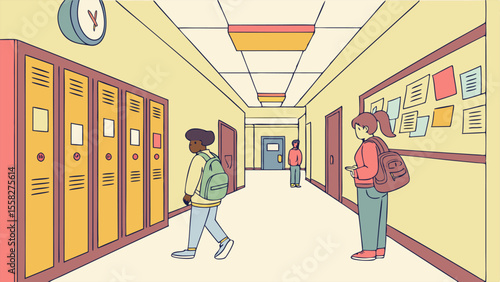 Illustration of students in a school hallway with lockers, a clock, and a bulletin board on the wall