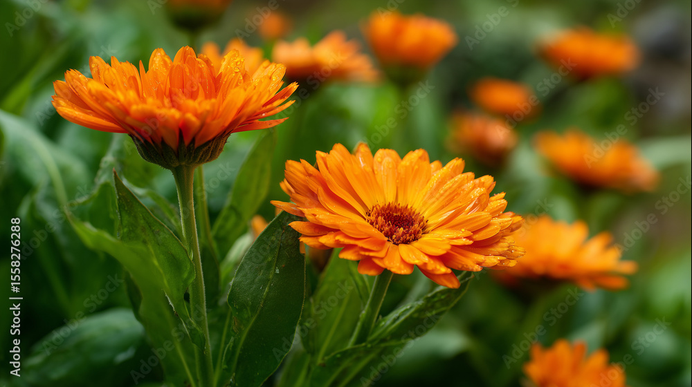 Blooming Calendula Blossoms in Herb Garden 