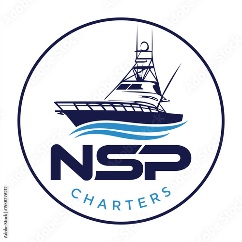 NSP Charters Logo Featuring Fishing Boat Silhouette and Water Waves Design for Fishing Trip and Charter Services