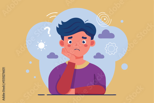 Anxious person deep in thought, surrounded by abstract representations of confusion and uncertainty, reflecting a state of mind in a flat illustration style