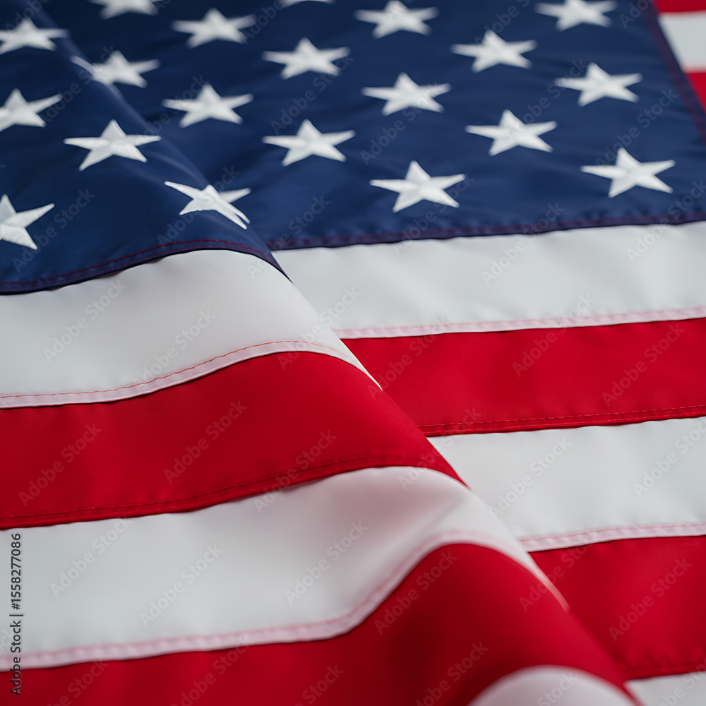 Fototapeta premium Close-up of the American flag, showcasing its stars and stripes in a rippled, patriotic display.