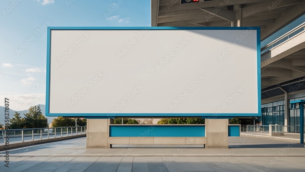 Large blank billboard stands outside modern building, ready for advertisement. Large blank billboard stands outside modern building, ready for advertisement.