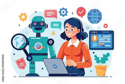 Illustration of a woman engaging with a character using artificial intelligence in a digital environment filled with icons and tools promoting technology and data exploration