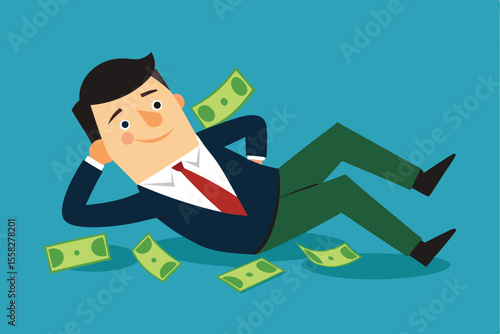 Financial fraud concept depicting a businessman lying among scattered dollar bills, symbolizing dishonesty in corporate practices during modern times
