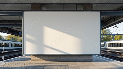 Blank billboard at modern train station platform, sunlight casting shadows.