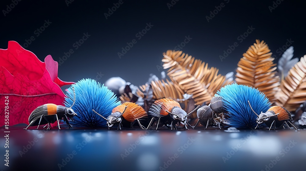 Naklejka premium Colorful insects crawling over vibrant foliage in a macro setting, showcasing nature's diversity