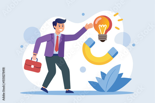 Businessman magnetizing ideas with a magnet to inspire innovation and creativity in a bright office environment
