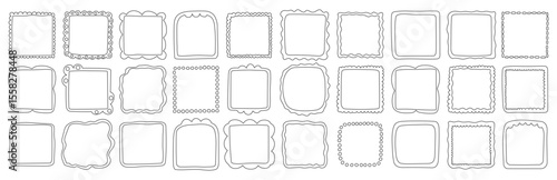 A collection of hand-drawn square frames in black outline style. Minimalist and doodle decorative borders for scrapbooking, invitations, cards, posters, photo albums, and creative design projects.