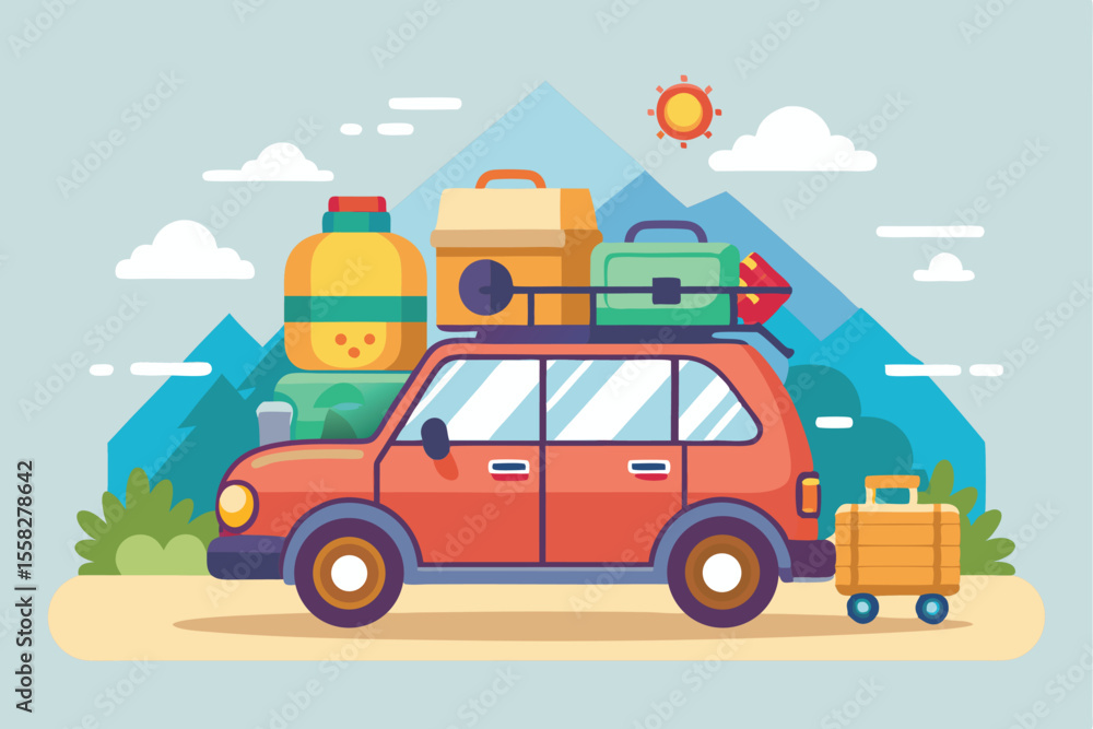 Obraz premium Compact car ready for a road trip loaded with travel essentials including bags, snacks, and outdoor gear parked against a mountain backdrop on a sunny day