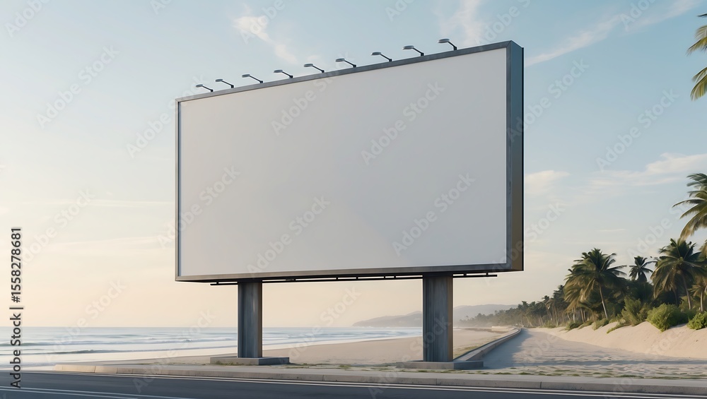 Obraz premium Large blank billboard stands on a beach near the ocean, ready for advertising.