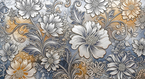 Detailed floral relief pattern with golden hues creates a stunning antique style graphic for various design projects.