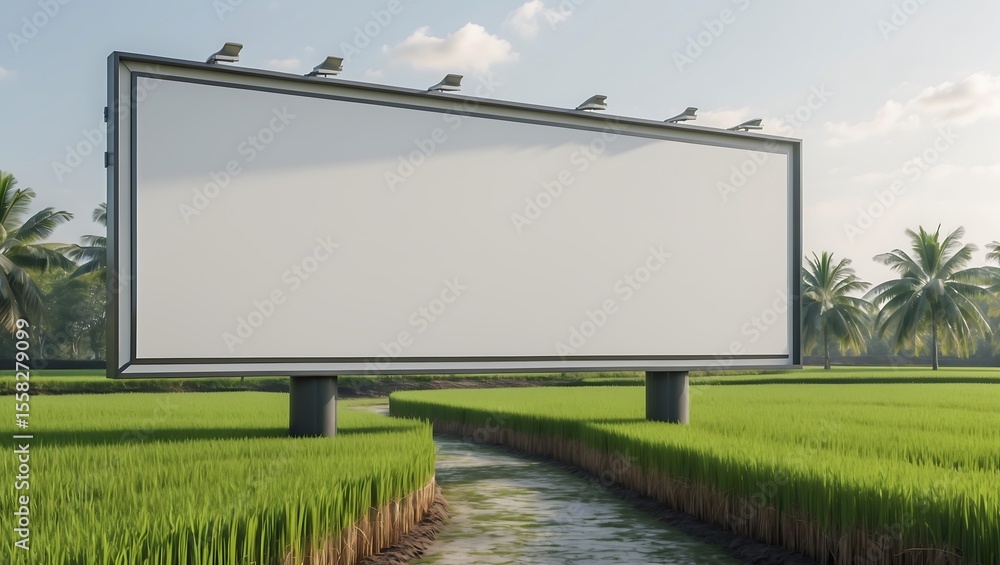 Obraz premium Blank billboard in a tropical rice paddy field, ready for advertisement.