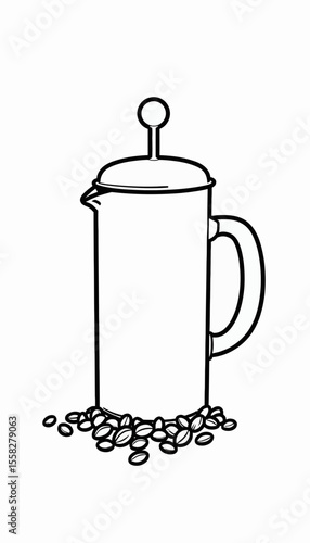 French press coffee maker with scattered coffee beans  