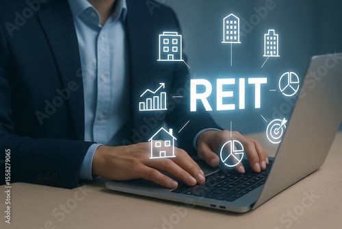 Businessman working on laptop with reit real estate investment trust icons and data visualization