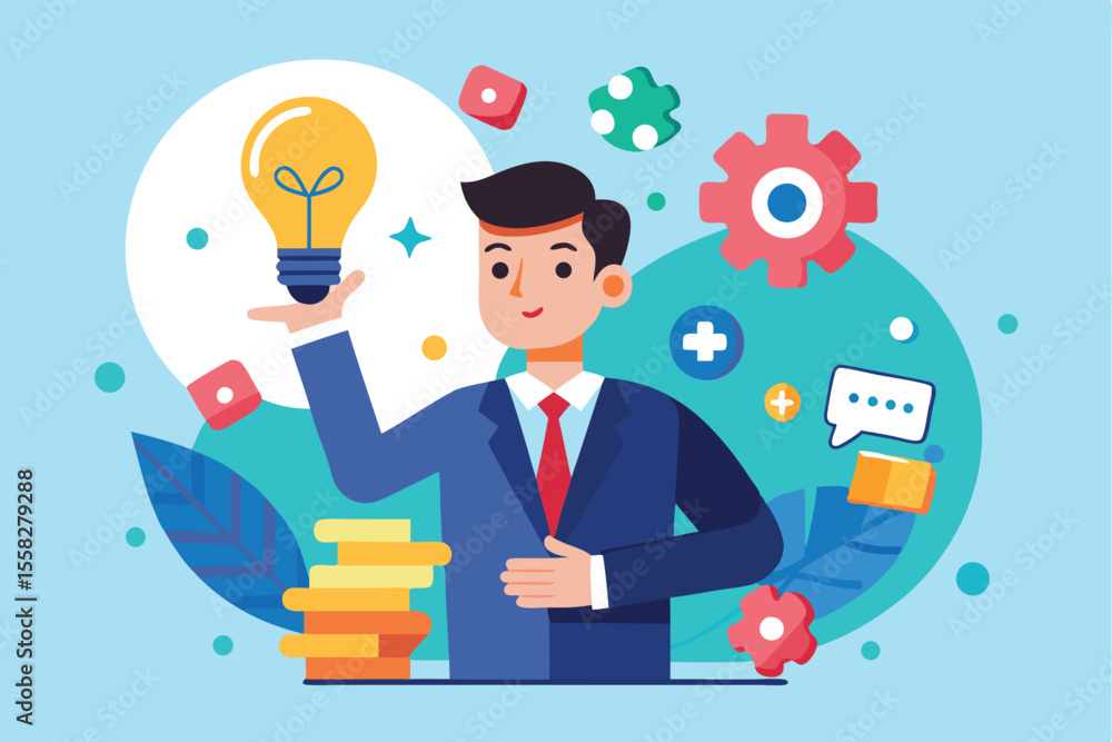 Creative businessman confidently pointing at innovative solutions while surrounded by symbols of progress and success in a vibrant design Creative businessman confidently pointing at innovative solutions while surrounded by symbols of progress and success in a vibrant design
