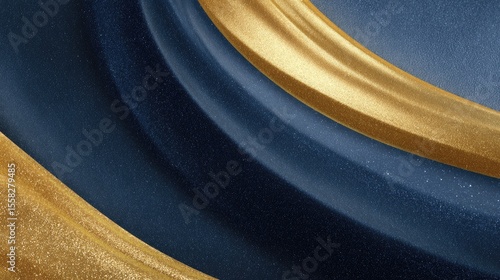 Curved gold elements flowing rhythmically across a dark blue textured wave pattern
