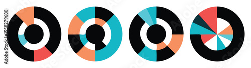 Vector art of four colorful circular charts with black segments isolated on white background, useful for data visualization.