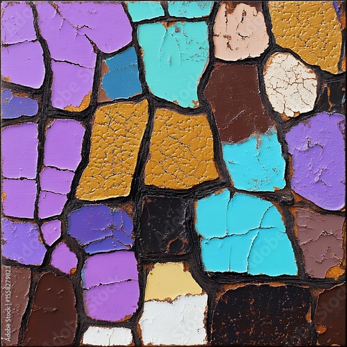Abstract Cracked Paint Mosaic Purple, Turquoise, and Gold Tones