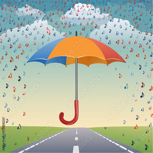 An umbrella raining musical notes – rhythm falling from the sky.
