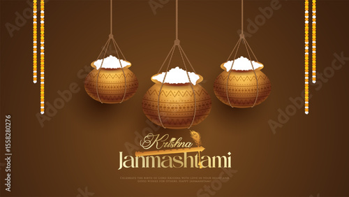 Happy Janmashtami  With Dahi Handi Background Illustration design. illustration for Krishna Janmashtami. Happy Janmashtami realistic  Lord Krishna vector.