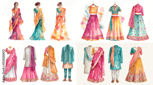 Elegant watercolor illustrations of Indian traditional clothing for men and women, including sarees, lehengas, and sherwanis—ideal for cultural fashion and wedding themes.

