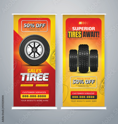 Tires sale roll-up banner design. roll-up banner, x banner, vertical ad roll-up banner template