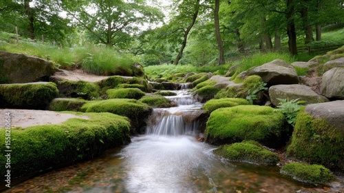 Gentle stream creating a cascading waterfall effect down moss-covered rocks in a quiet woodland