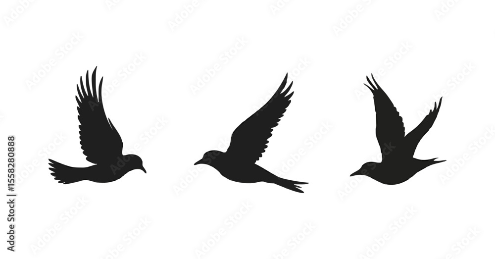 Obraz premium A clean black silhouette illustration of three birds in mid-flight, each captured in a different wing position. The design is minimalist and elegant, ideal for decorative prints, tattoos, or logo use.