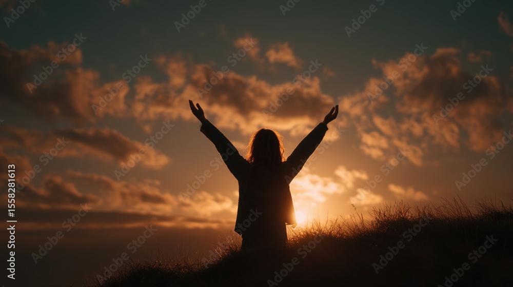 Silhouette of woman raising arms at sunrise on hilltop with dramatic clouds symbolizing hope, freedom and inner peace ideal for International Day of Peace, meditation and empowerment visuals Silhouette of woman raising arms at sunrise on hilltop with dramatic clouds symbolizing hope, freedom and inner peace ideal for International Day of Peace, meditation and empowerment visuals