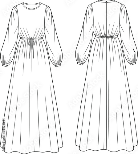 Elegant maxi dress with puff sleeves and waist tie, front and back fashion flat sketch for apparel design and sewing reference.