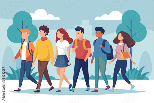 Group of young people enjoying a leisurely walk in a city park on a sunny day, engaging in conversation and camaraderie with scenic greenery around them