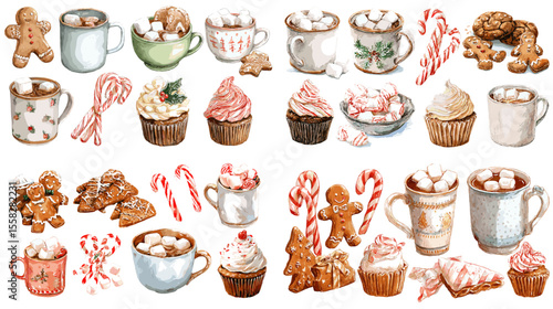 Watercolor illustrations of holiday treats including mugs of cocoa, cupcakes, cookies, candy canes, and gingerbread—ideal for Christmas, winter, or seasonal menus.

