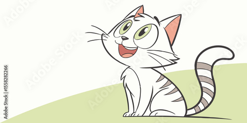 Cartoon white cat with green eyes sitting kitten animal