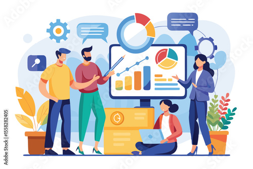 Group of professionals collaborating to analyze business data and generate insights through charts and graphs in a modern office environment