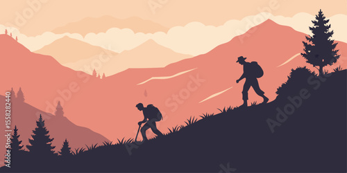 Two hikers ascend a mountain landscape at sunset hiking