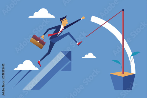 Businessman performs pole vaulting while holding briefcase to achieve success in a competitive environment with a blue sky backdrop