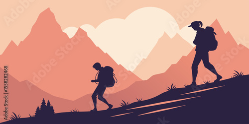 Two hikers with backpacks ascend a mountain range hiking