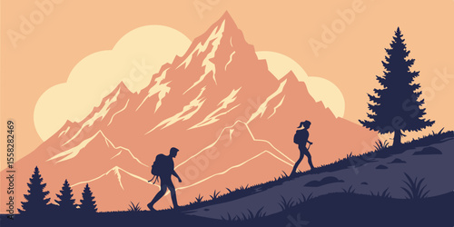 Two hikers ascend a mountain path at sunset hiking