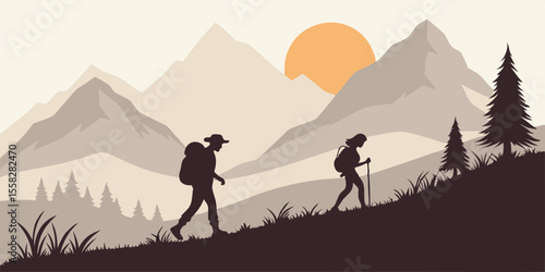 Two hikers with backpacks ascend a grassy slope towards mountains at sunset