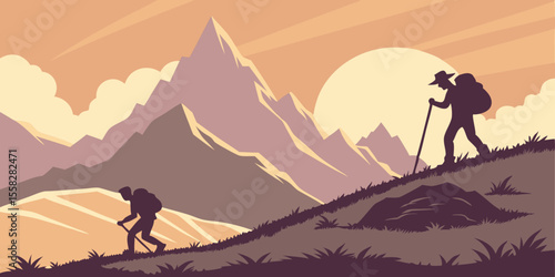 Two hikers ascend a mountain range at sunset hiking