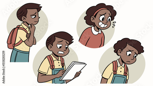 Illustration showing a group of diverse students expressing different emotions and wearing school attire