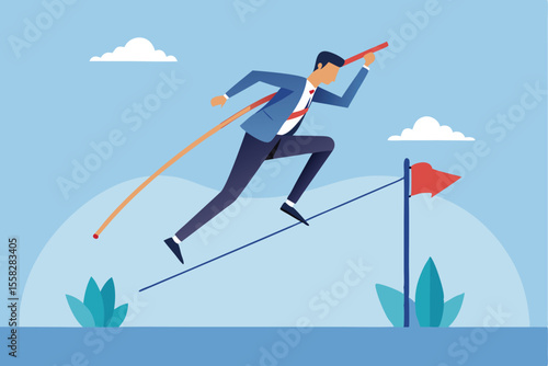 Businessman performs pole vaulting to achieve success against a vibrant sky backdrop during a corporate event in a park setting