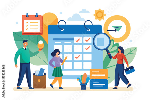 Prosperity calendar schedule organizer with individuals engaged in planning, task tracking, and activity management