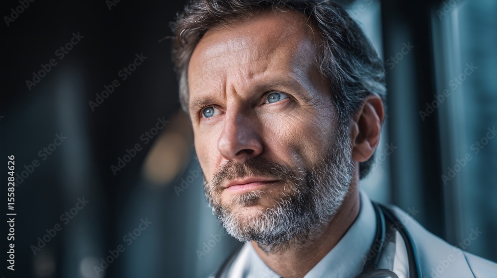 Thoughtful doctor looking mature and serious while contemplating in a modern medical office environment Thoughtful doctor looking mature and serious while contemplating in a modern medical office environment