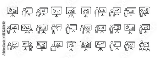 Presentation Icon Set. Containing business, graph, chart, analytics, training, strategy, meeting and report icons. Solid icon collection.