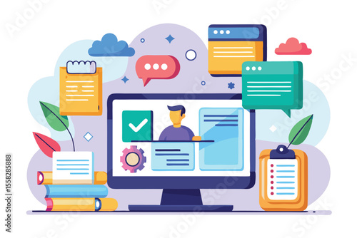 Creative online documentation software design featuring cartoon vector elements with colorful communicative visuals for enhancing user interface experience