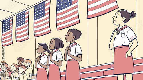 Illustration of students reciting the pledge of allegiance with american flags hanging in the background