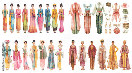 Elegant Asian traditional women's clothing in watercolor style, featuring diverse fabrics, accessories, and cultural fashion from East and Southeast Asia.

