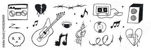 Grunge punk rock music set. Doodle grafitti elements, tattoo crayon sketch, guitar, fire, cassette, skull, rebellious icons, heart, barbed wire, star, scribbles, Y2k shapes. Isolated vector illustrati