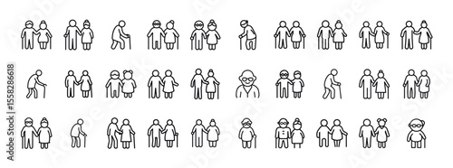 People Icon Set. Containing group, family, human, team, community, friends, population and senior icons. Solid icon collection.